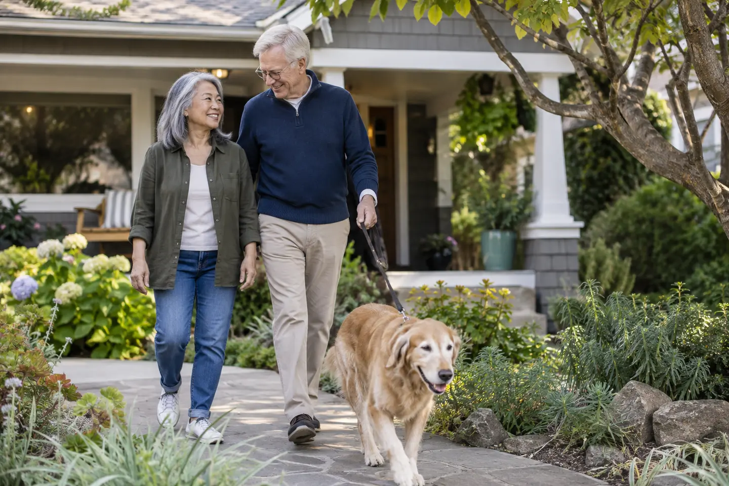 A retired couple walking their dog outside their home