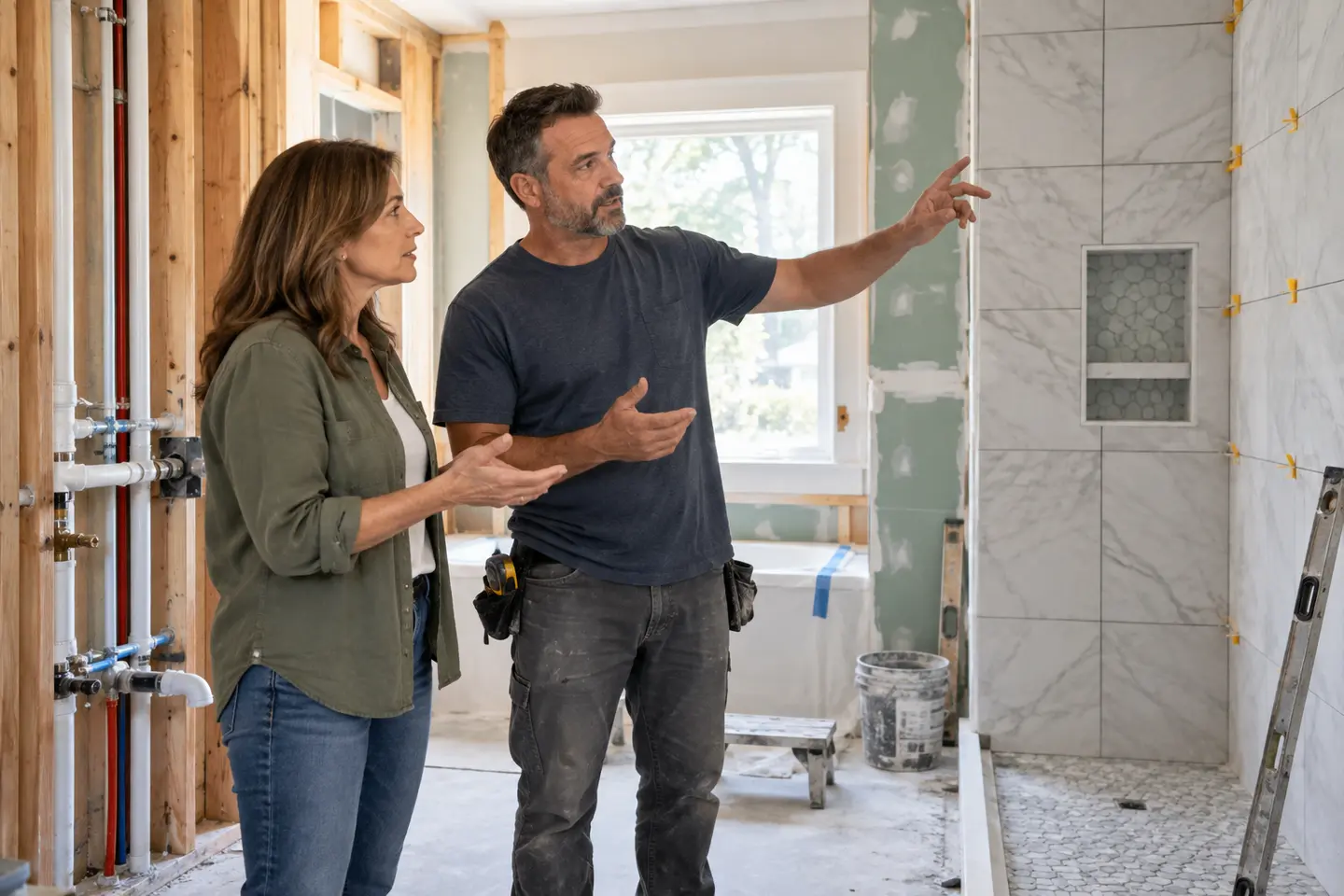 A homeowner and contractor discussing a bathroom renovation