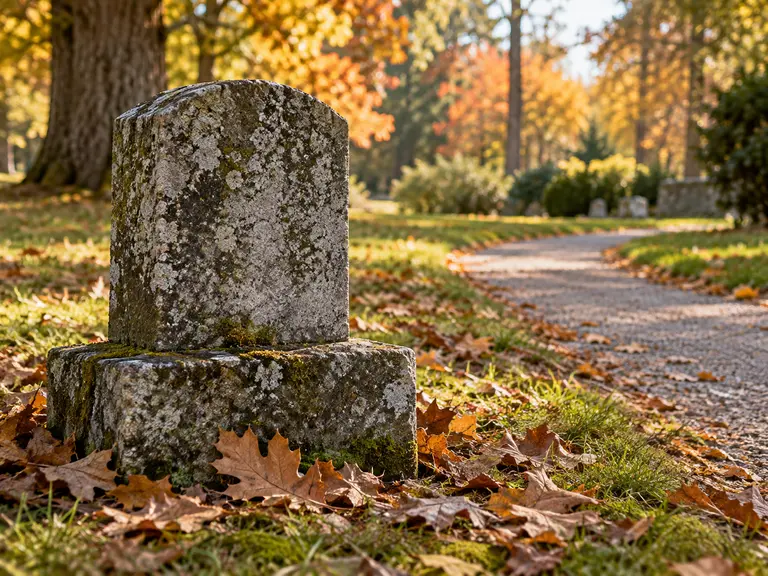 A stone marker beside autumn leaves.
