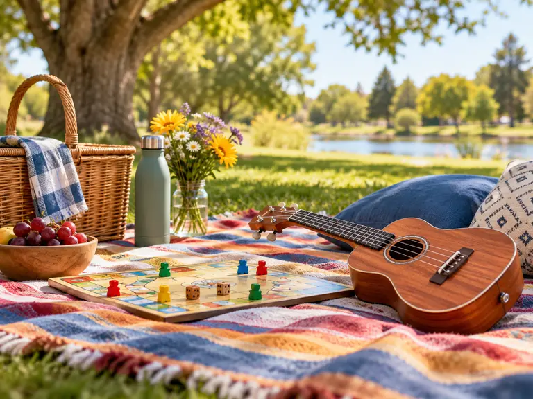 A picnic blanket, game and ukulele in a park.