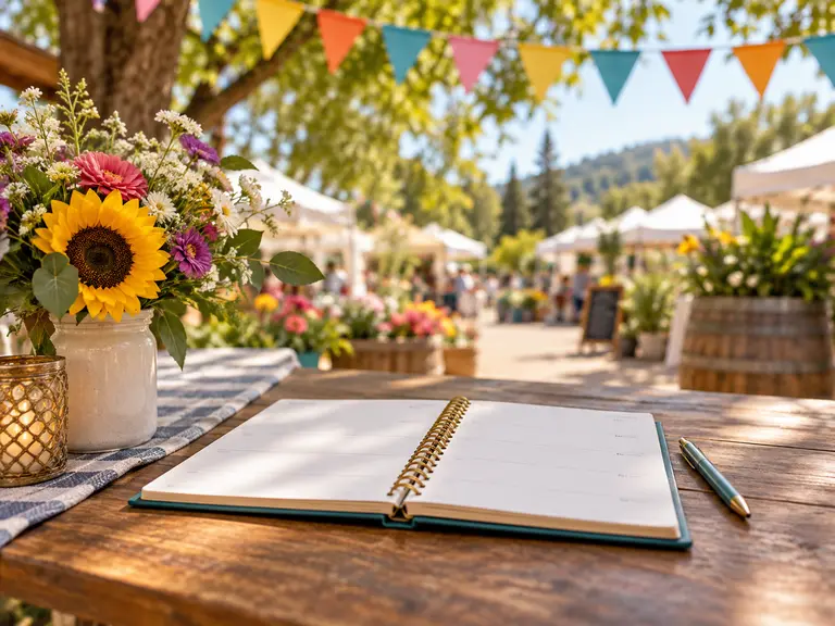 Bunting and flowers at an outdoor gathering.