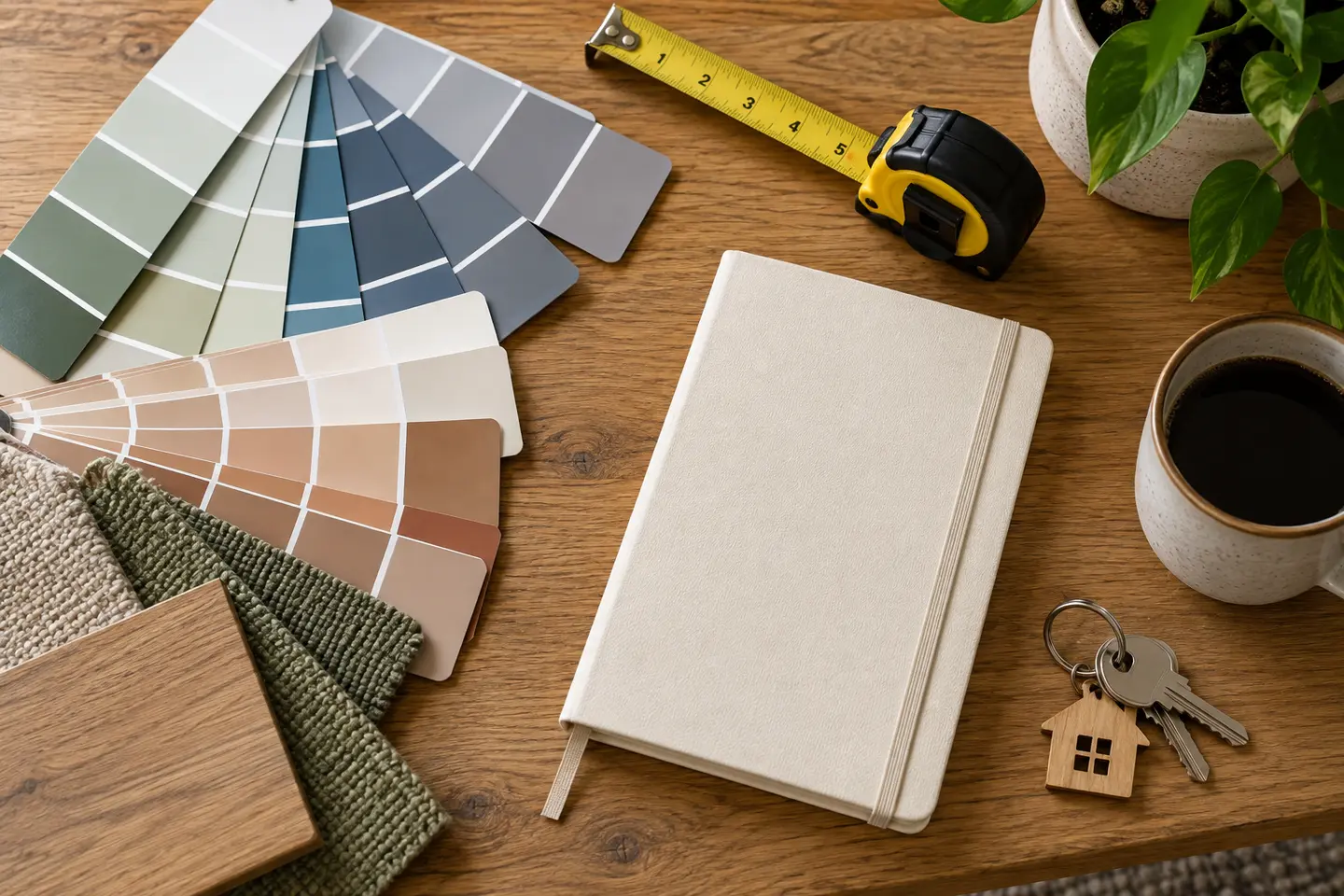 Renovation swatches, a tape measure, notebook and house keys