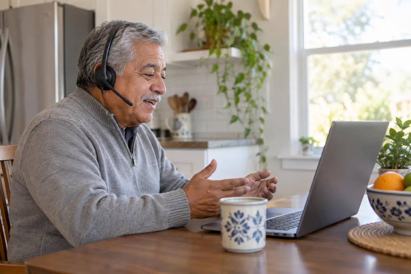 An older man having a remote counseling conversation