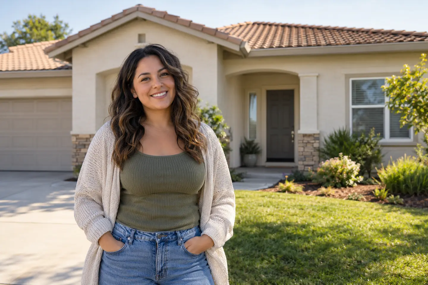 AI-generated illustration of a woman outside a Roseville-style home