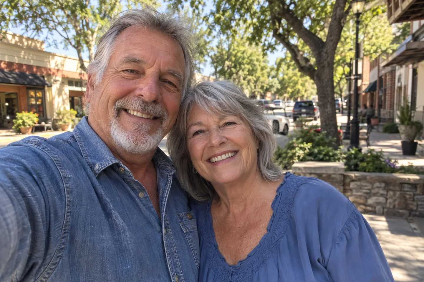 Illustrative selfie of a smiling older couple on a leafy street
