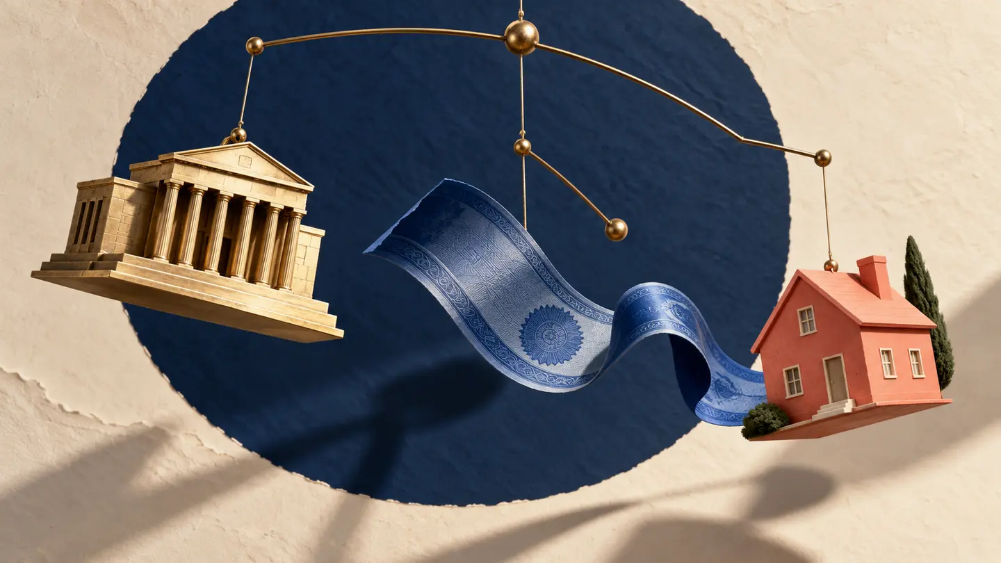 A brass bank, blue bond ribbon and coral miniature house hang from an asymmetrical mobile.
