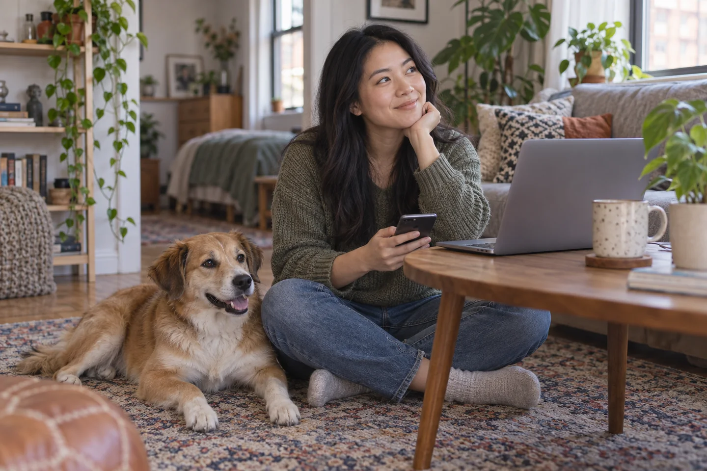 Illustrative image of a young buyer planning her first home with her dog nearby