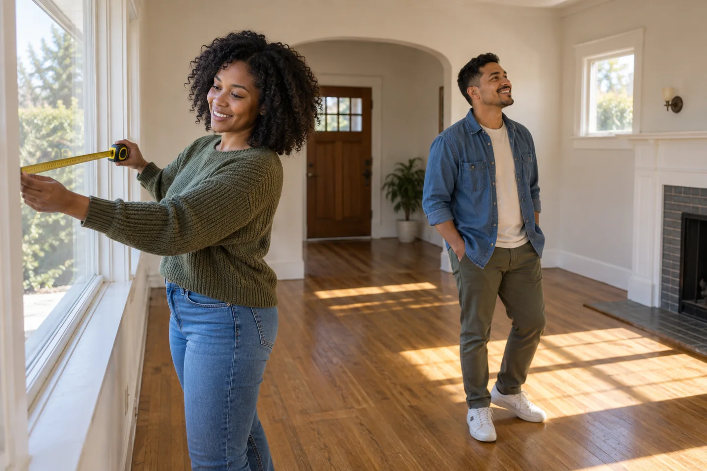 Illustrative image of young first-time buyers exploring a starter home