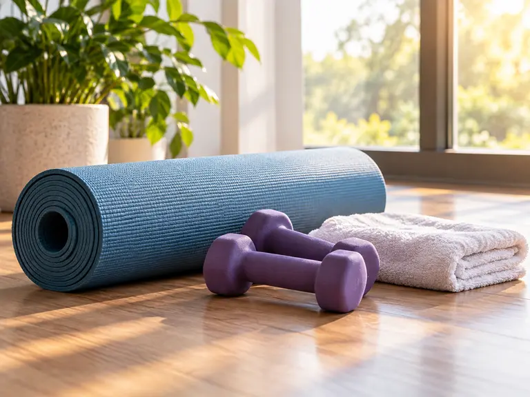 An exercise mat, weights and a towel.
