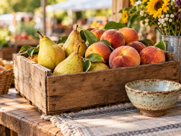 Fruit and pottery on a market table.