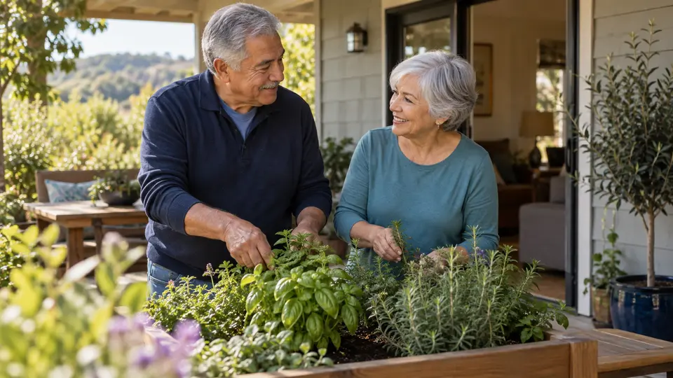 Illustrative scene of an older couple tending herbs together on their home's patio