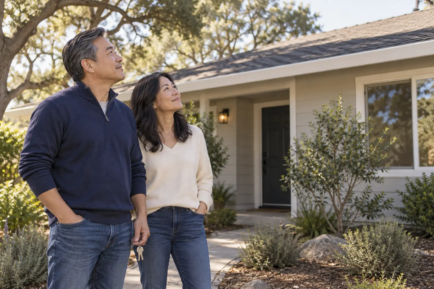 Illustrative image of a couple looking at a rental home from the front path