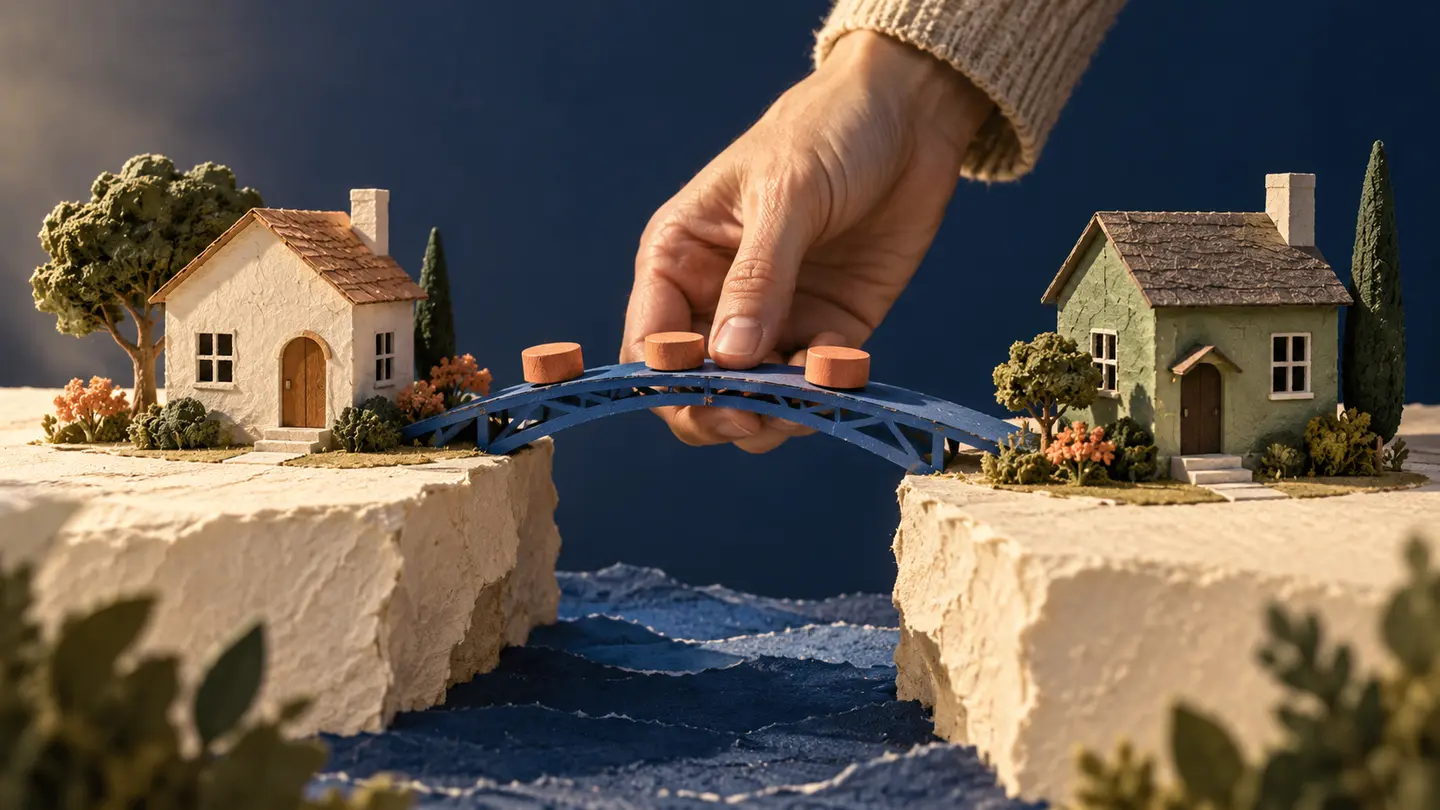 Ilustración conceptual de dos casas pequeñas conectadas por un puente de papel que sostiene fichas de madera