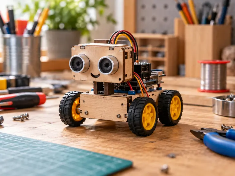 A small robot on a craft workbench.