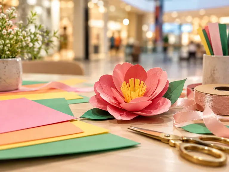 Paper flowers and craft supplies on a table.