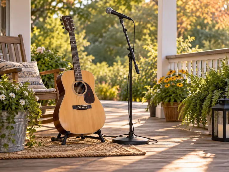A guitar and microphone on a porch.
