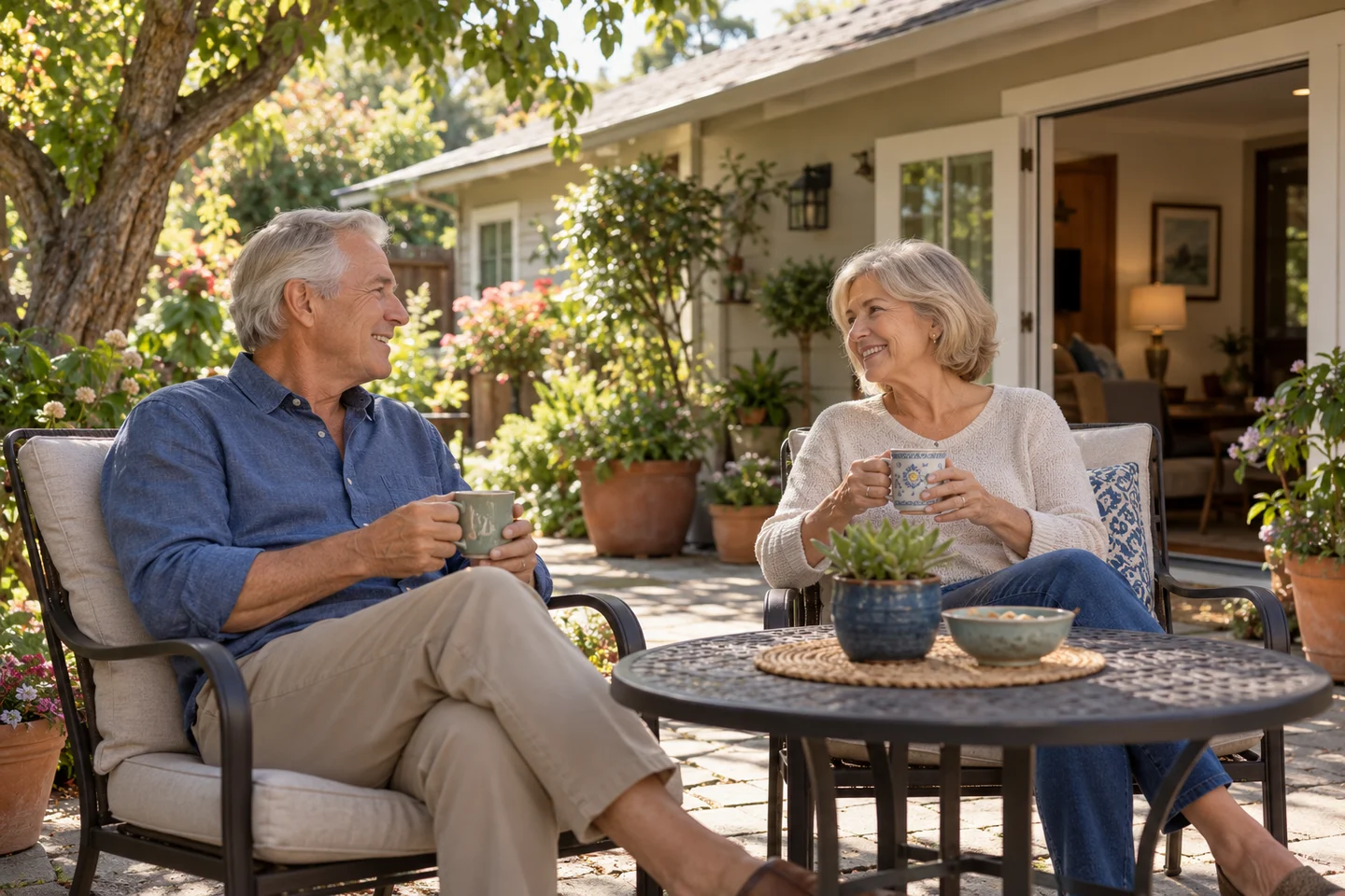 An older couple enjoys tea together on the patio of their home.
