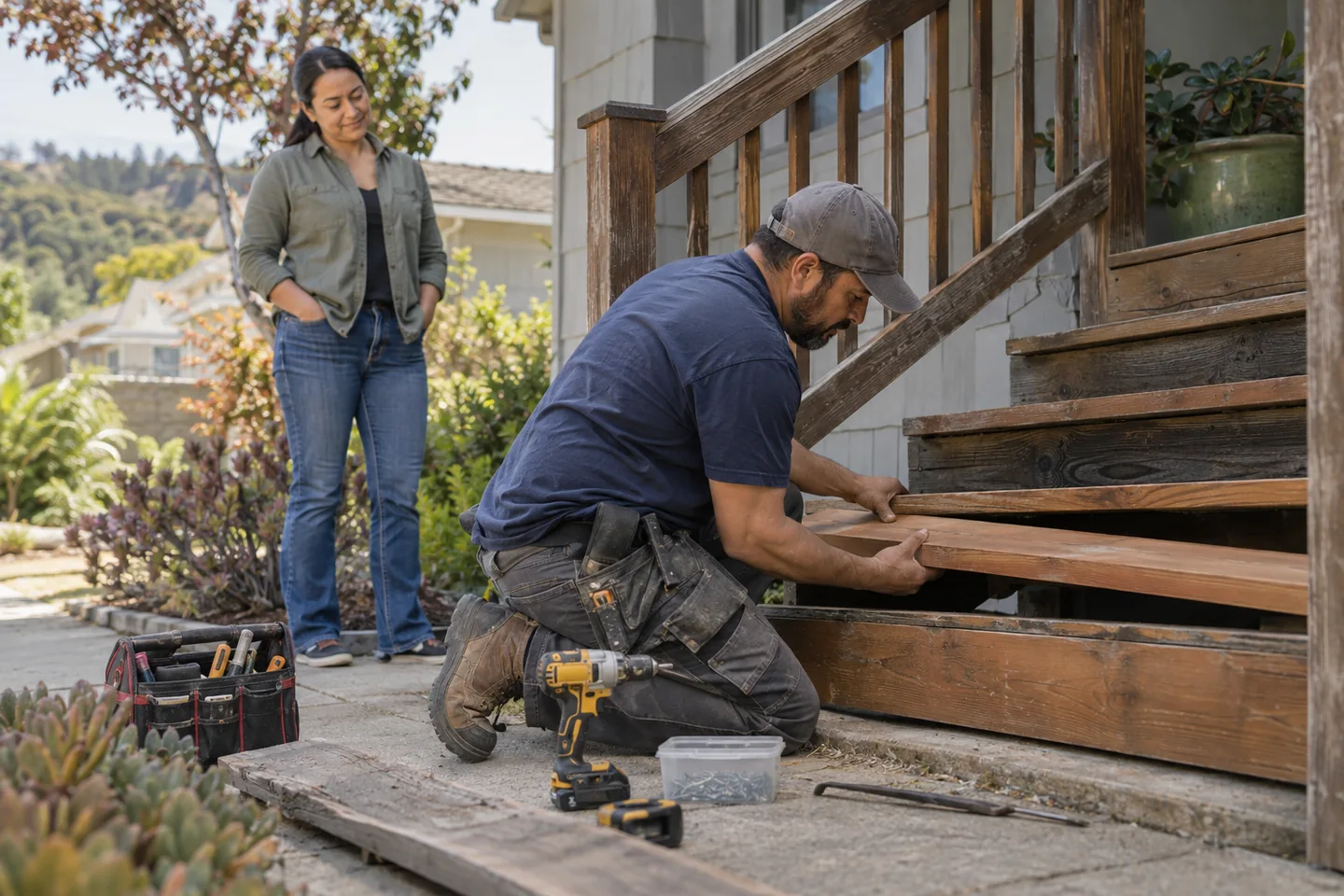 Illustrative image of contractor replacing a damaged porch step