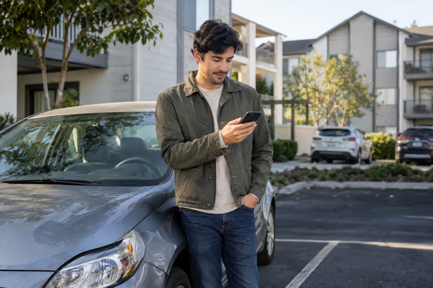 Illustrative image of car owner checking his phone beside a parked car