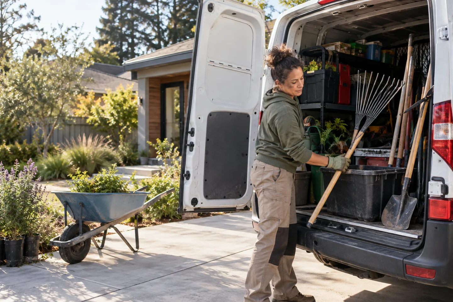 Illustrative image of landscaping business owner loading a work van