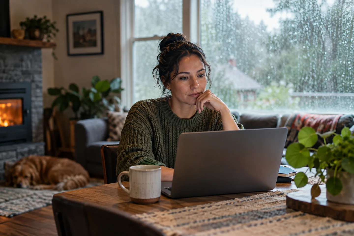 Illustrative image of homeowner using a laptop beside a rain-covered window