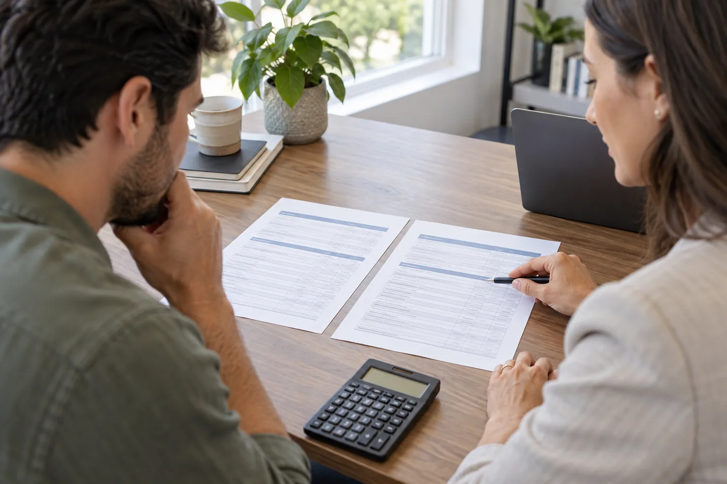 Illustrative image of borrower and advisor comparing two cost documents