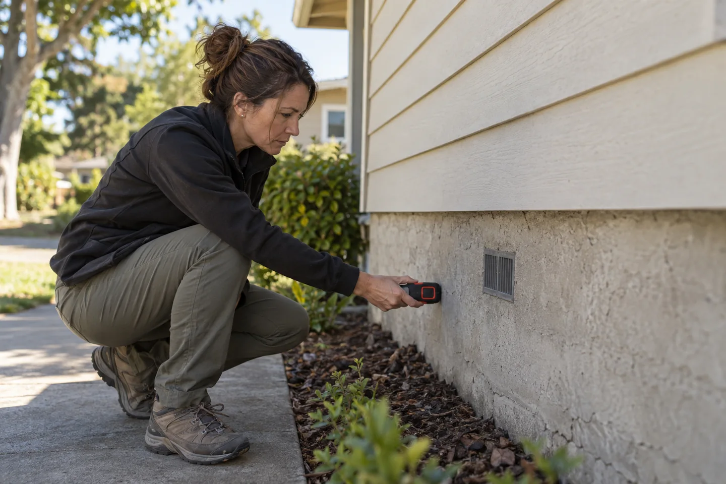 Illustrative image of property appraiser examining a home foundation