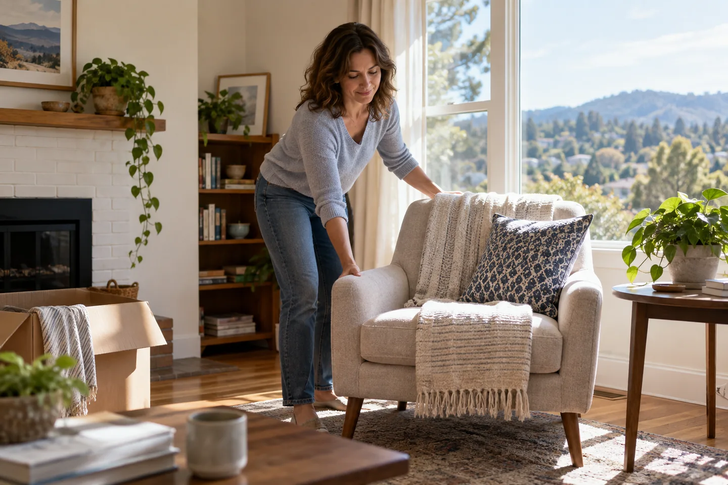 Illustrative image of homeowner arranging a reading chair in her living room