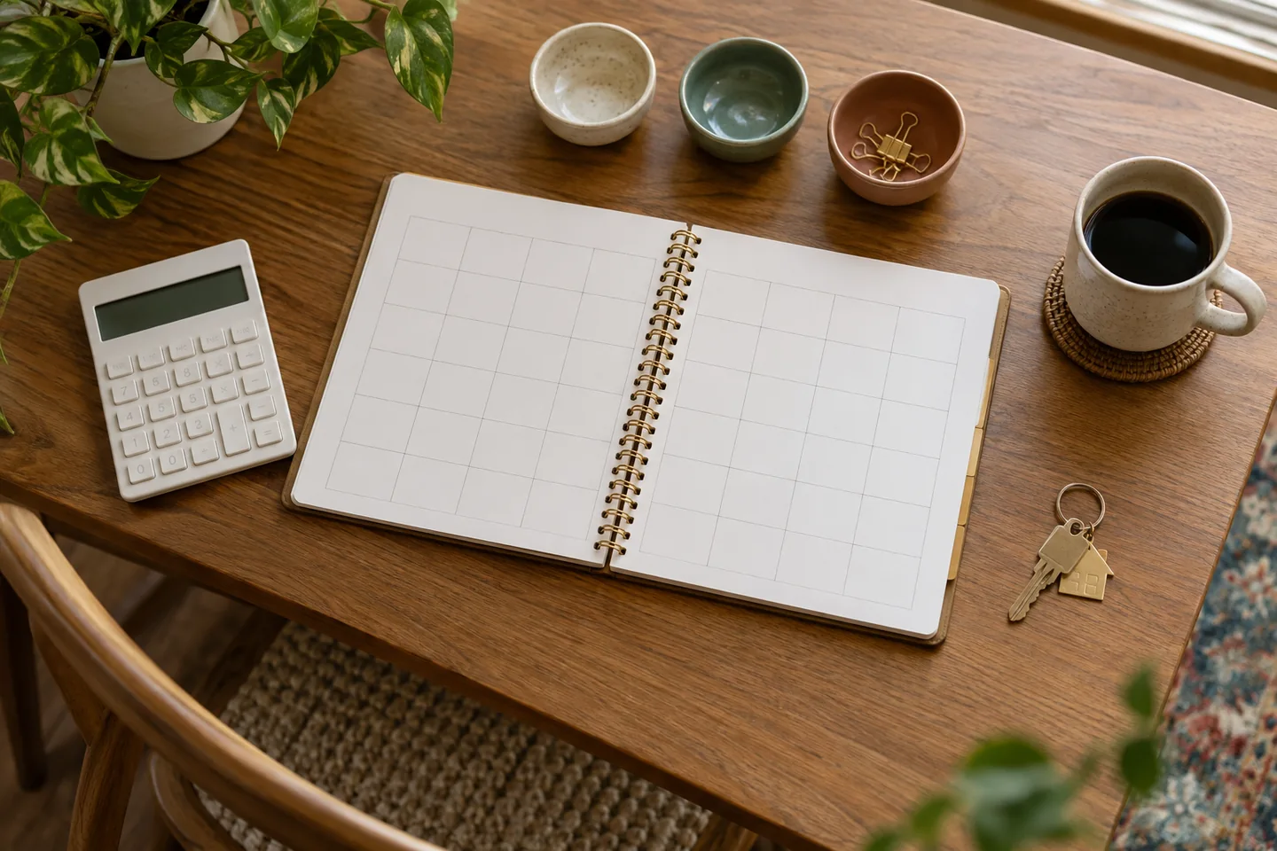 Illustrative image of household planner, calculator and house keys on a table