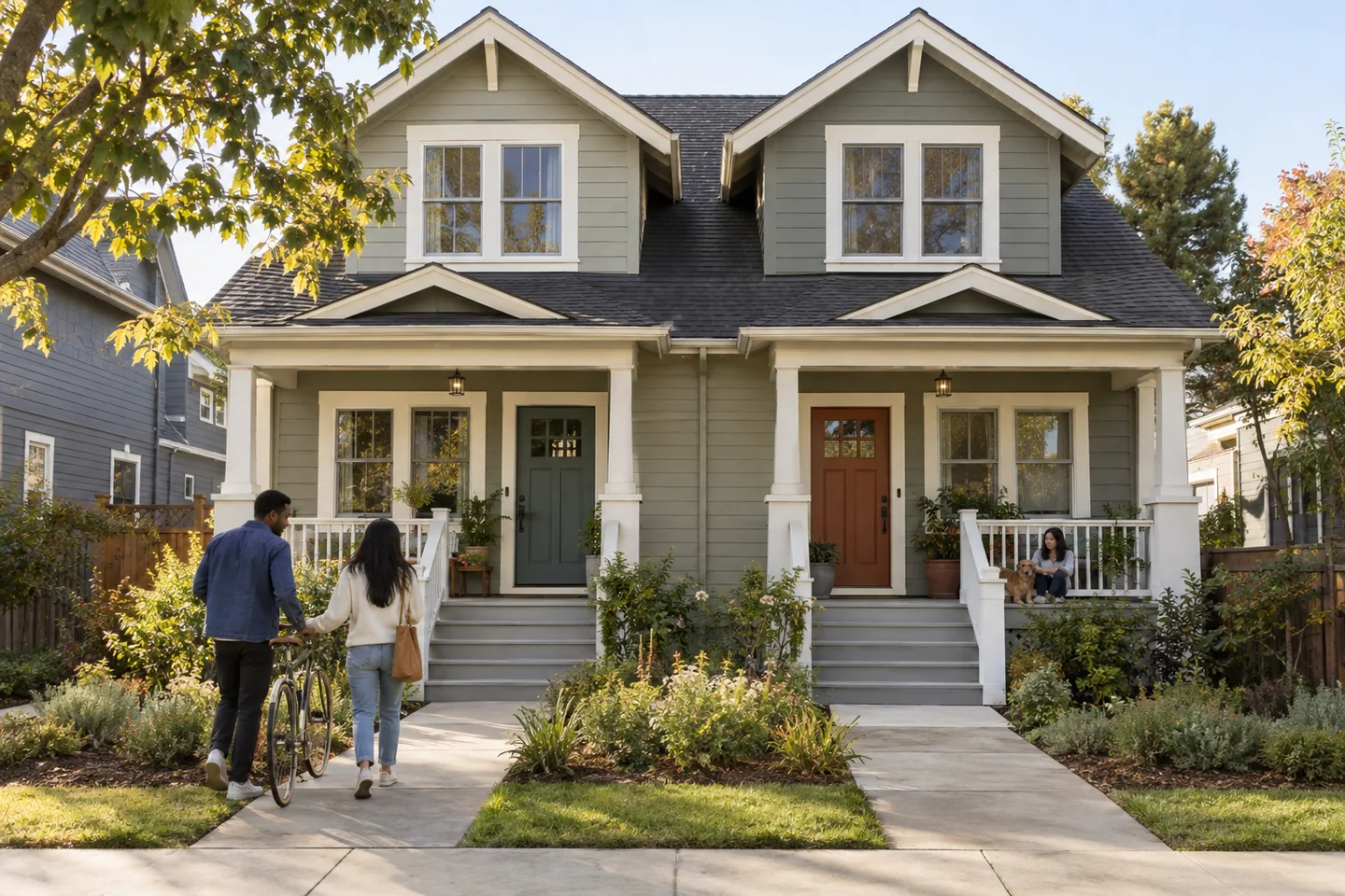 Illustrative image of duplex with two front doors and separate porches