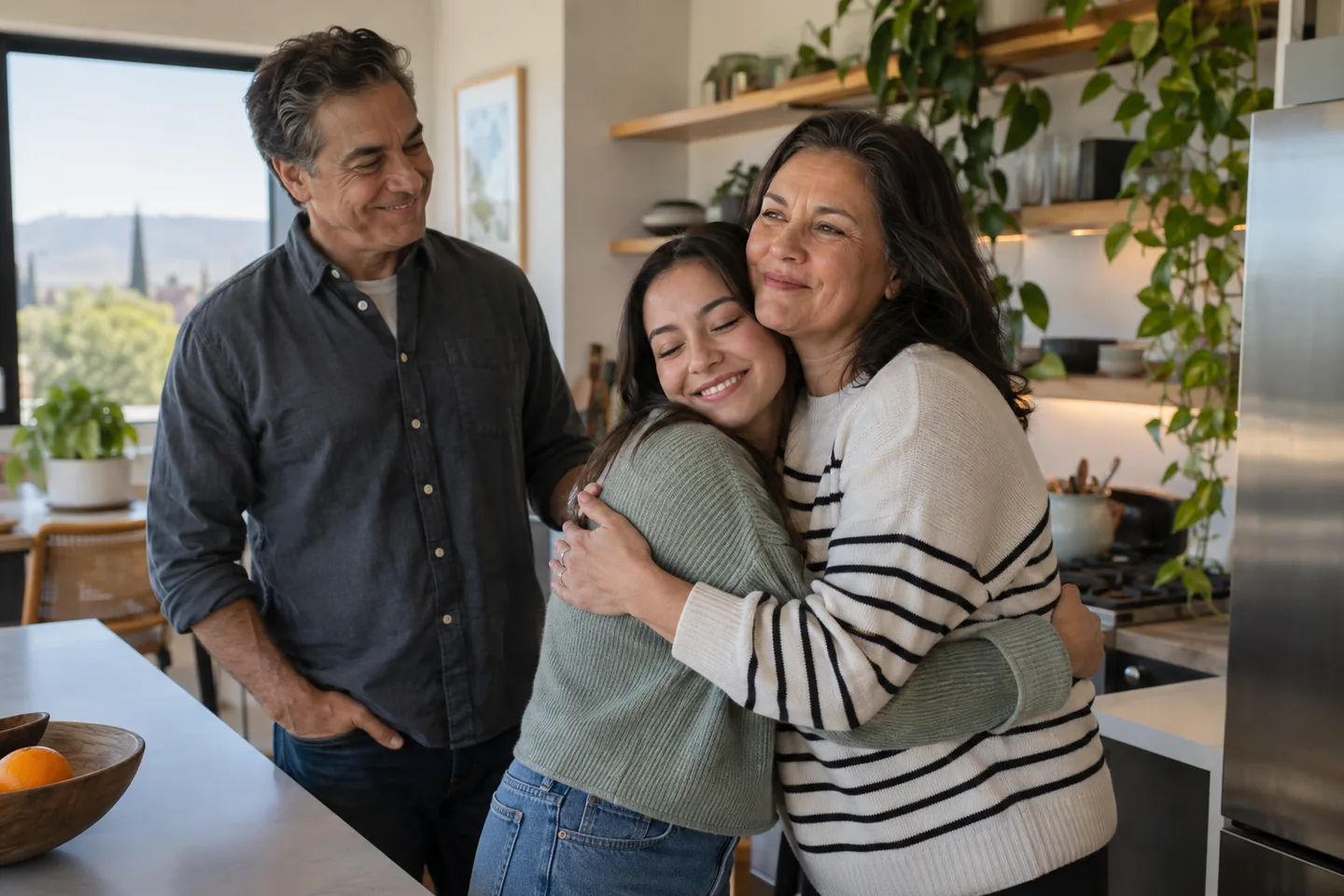 Illustrative image of parents embracing their adult daughter
