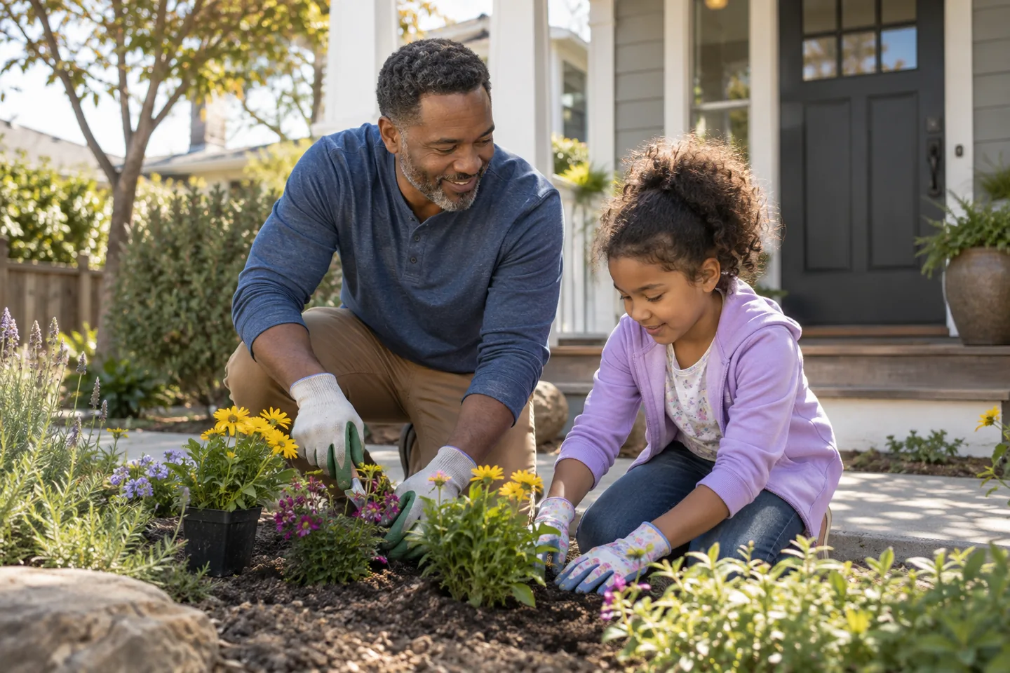 Illustrative image of father and child planting flowers beside their home