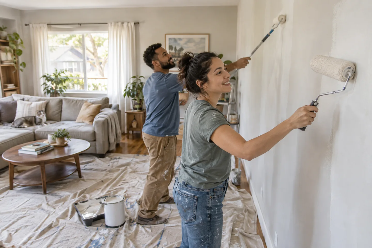 Illustrative image of couple painting their living room