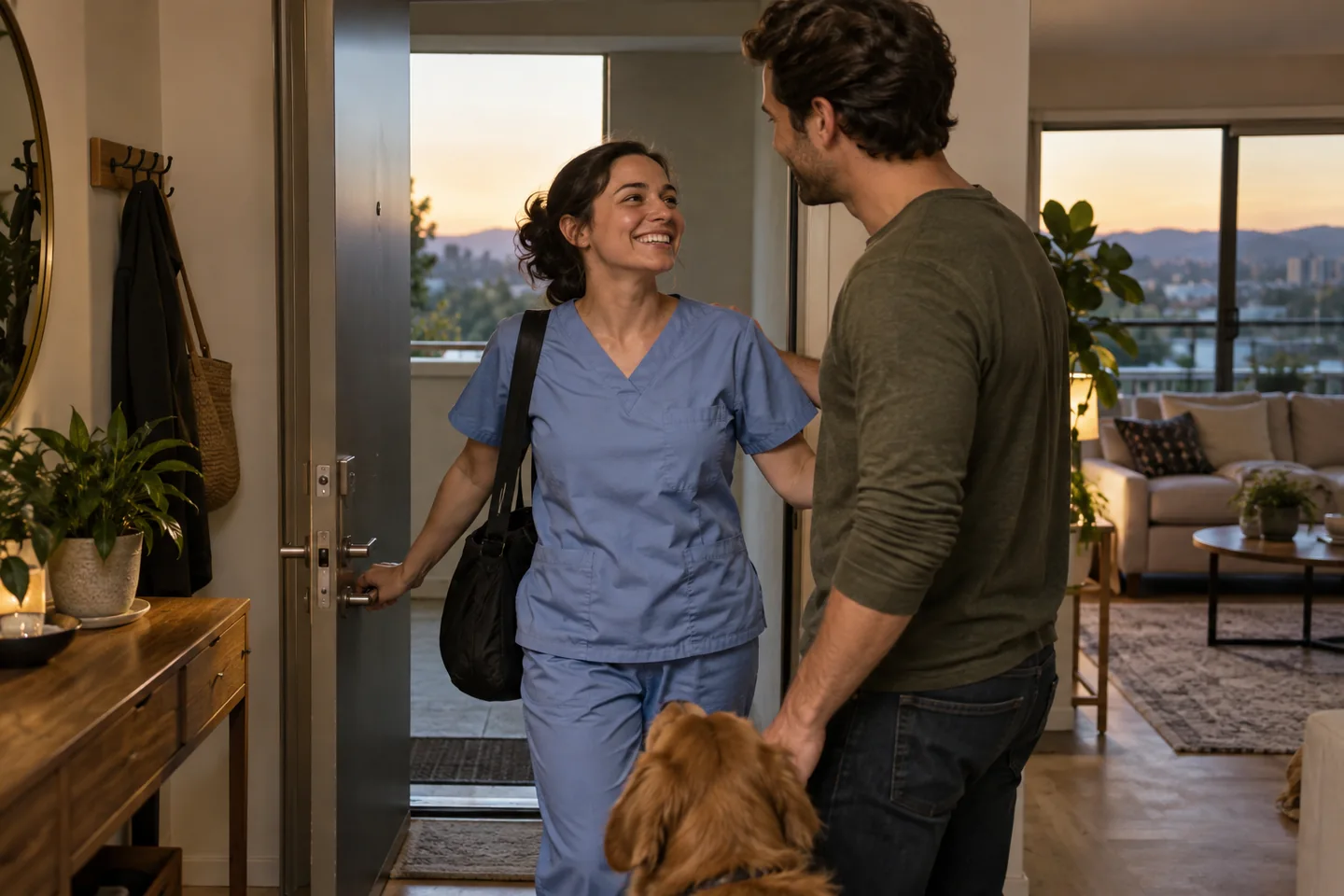 Illustrative image of healthcare worker arriving home after a shift