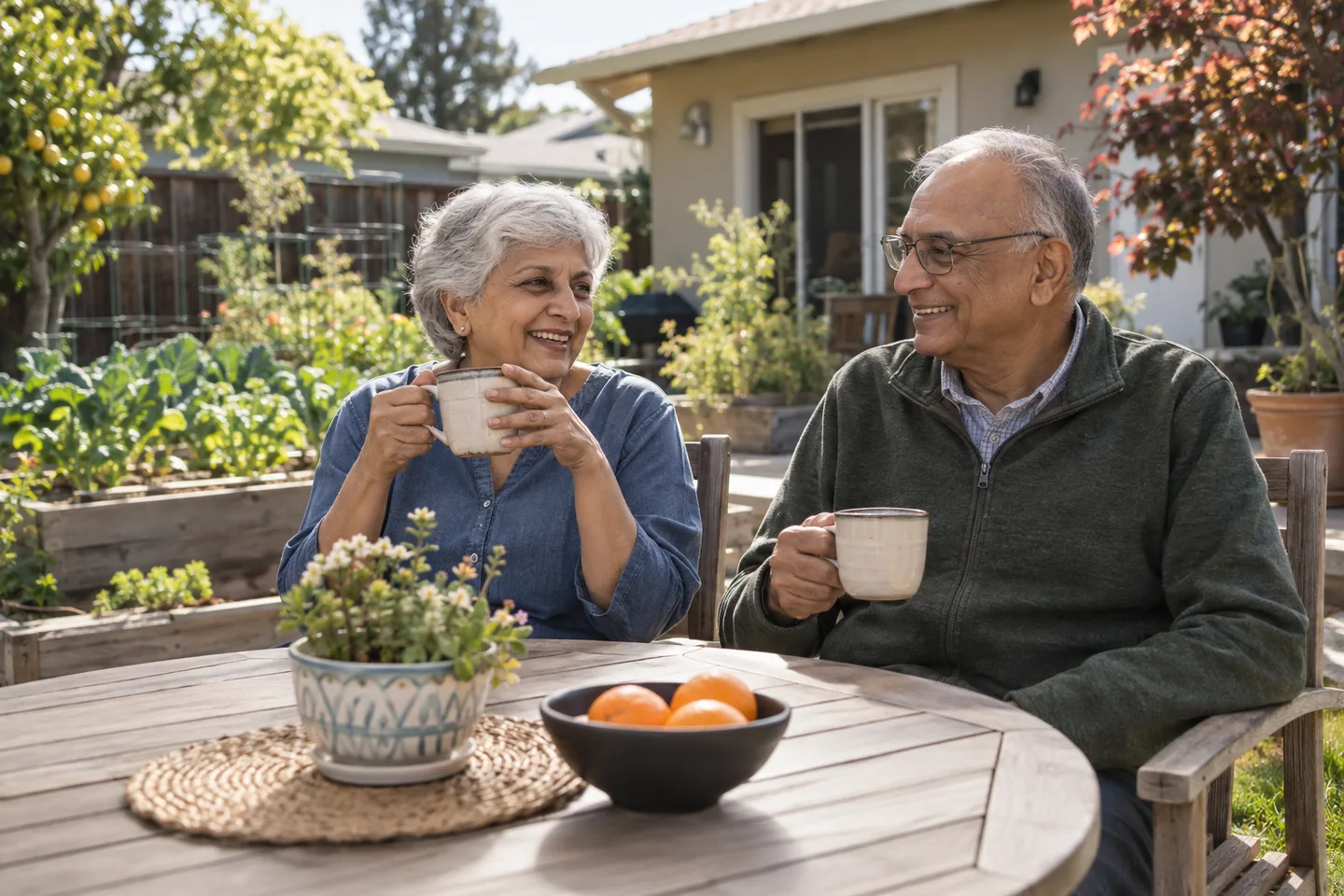Illustrative image of retired couple enjoying coffee in their garden