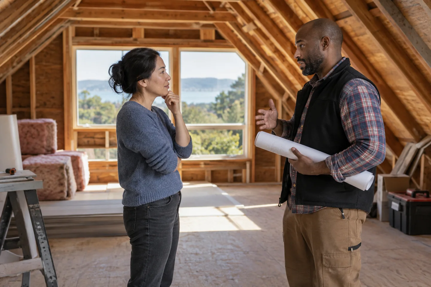 Illustrative image of homeowner and contractor discussing an attic renovation