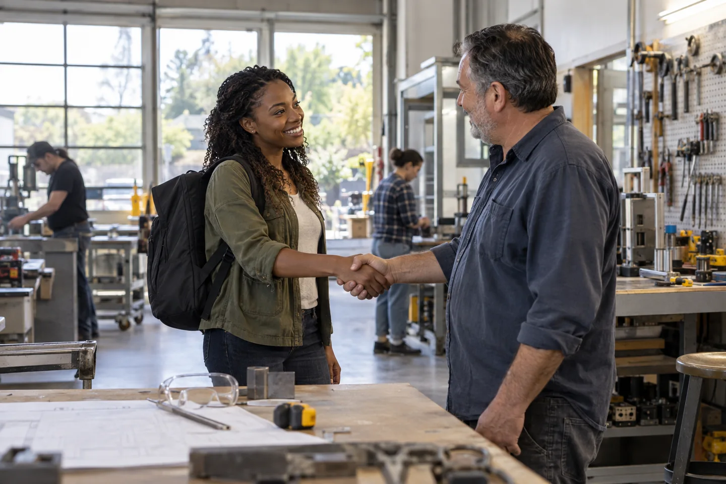 Illustrative image of engineer meeting a colleague in a workshop