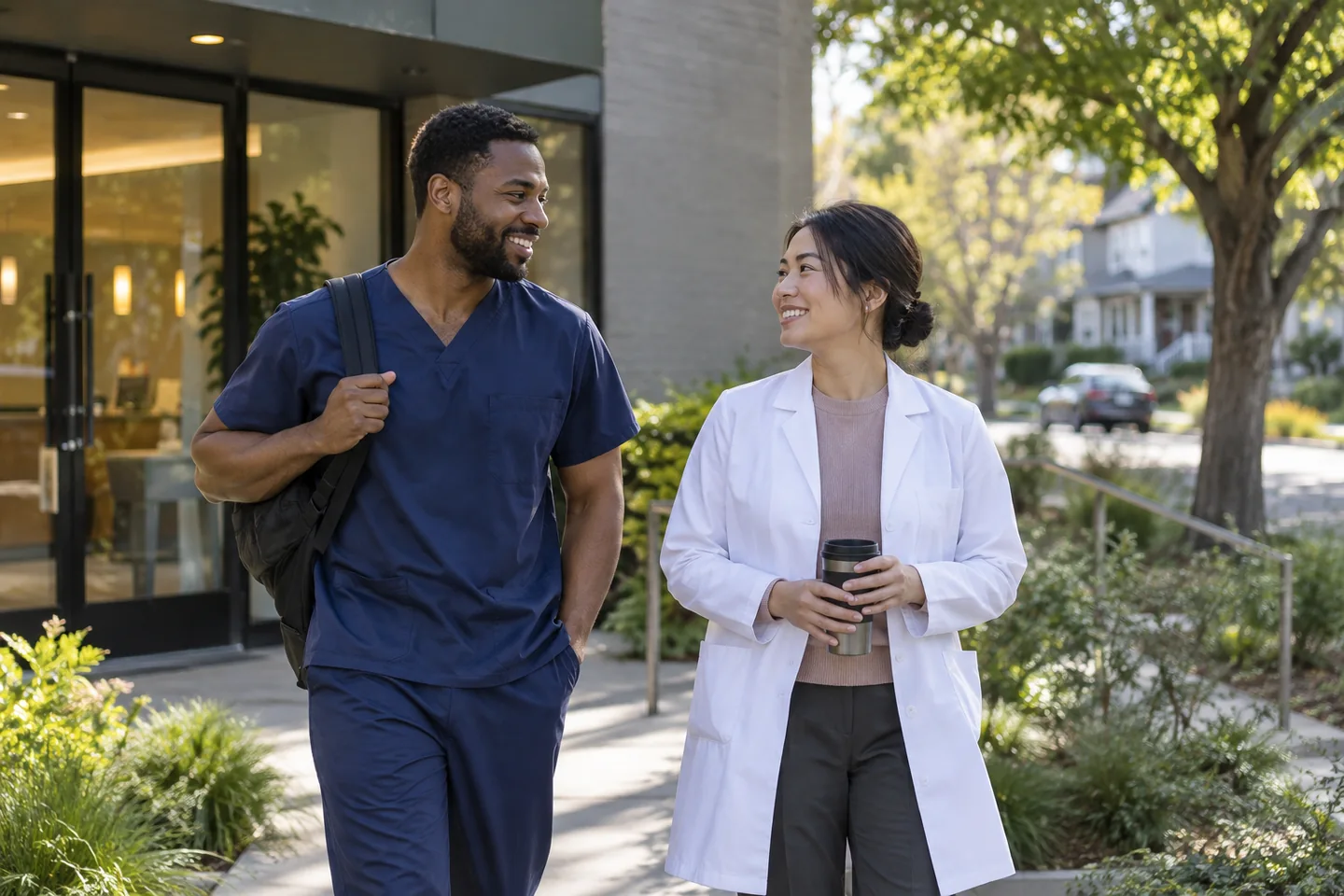 Illustrative image of medical professionals walking outside a clinic