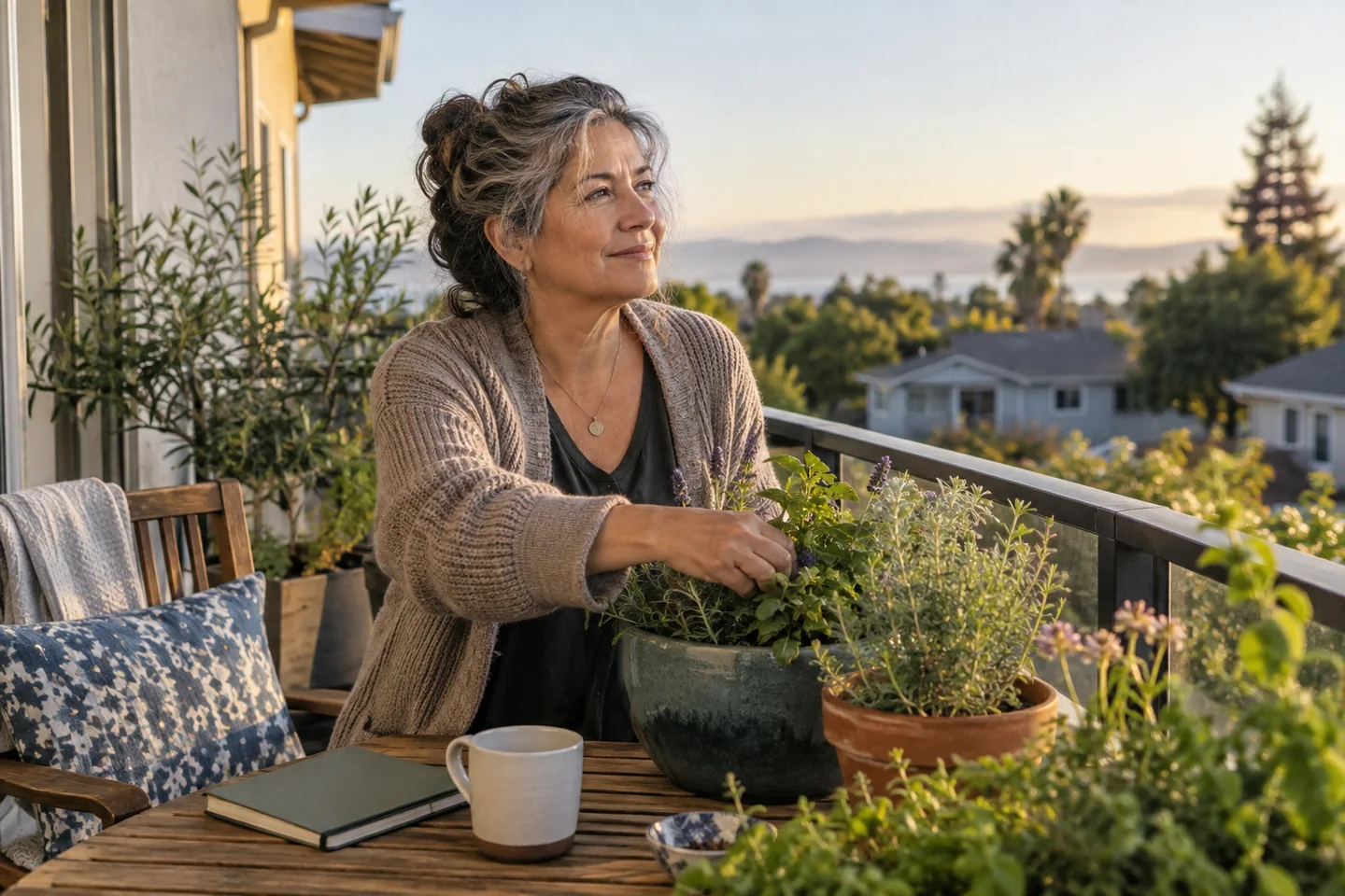 Illustrative image of homeowner tending balcony plants
