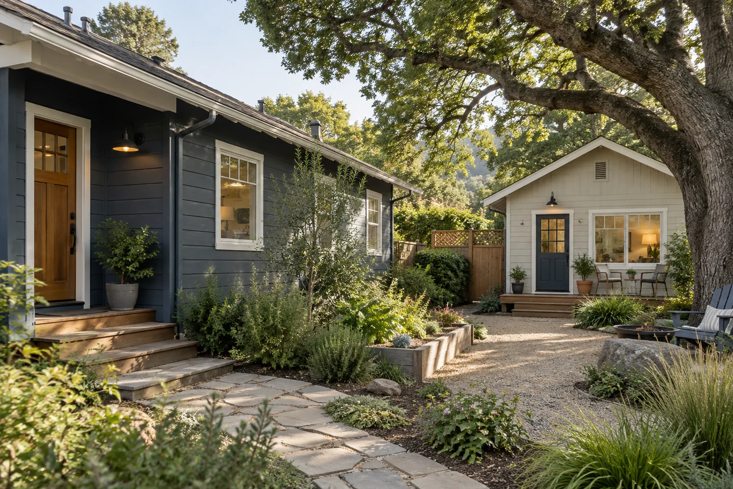 Illustrative image of main house and separate backyard cottage with individual entrances
