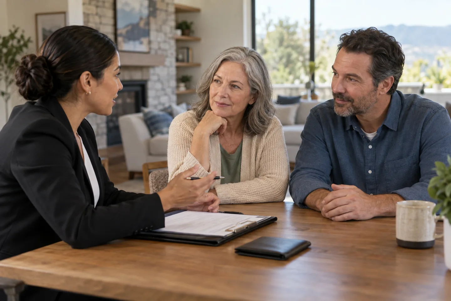 Illustrative image of older homeowner and adult son speaking with a notary