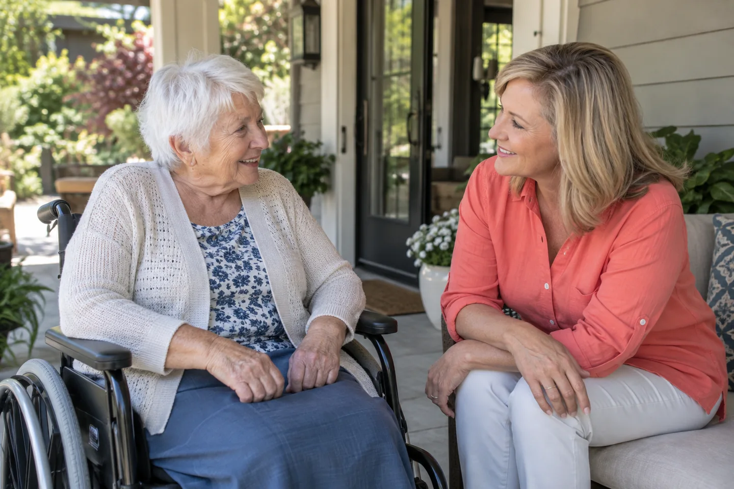 Illustrative image of older woman using a wheelchair talking with her daughter on a porch