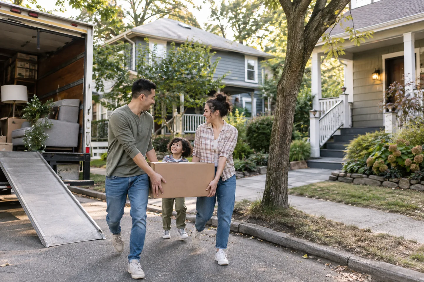 Illustrative image of family moving boxes beside a moving truck