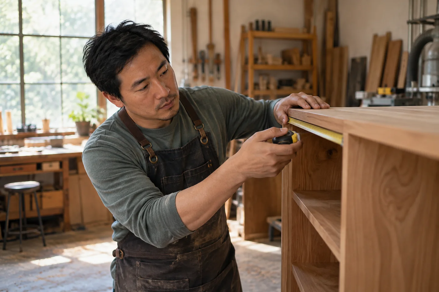 Illustrative image of cabinetmaker measuring a cabinet in his workshop