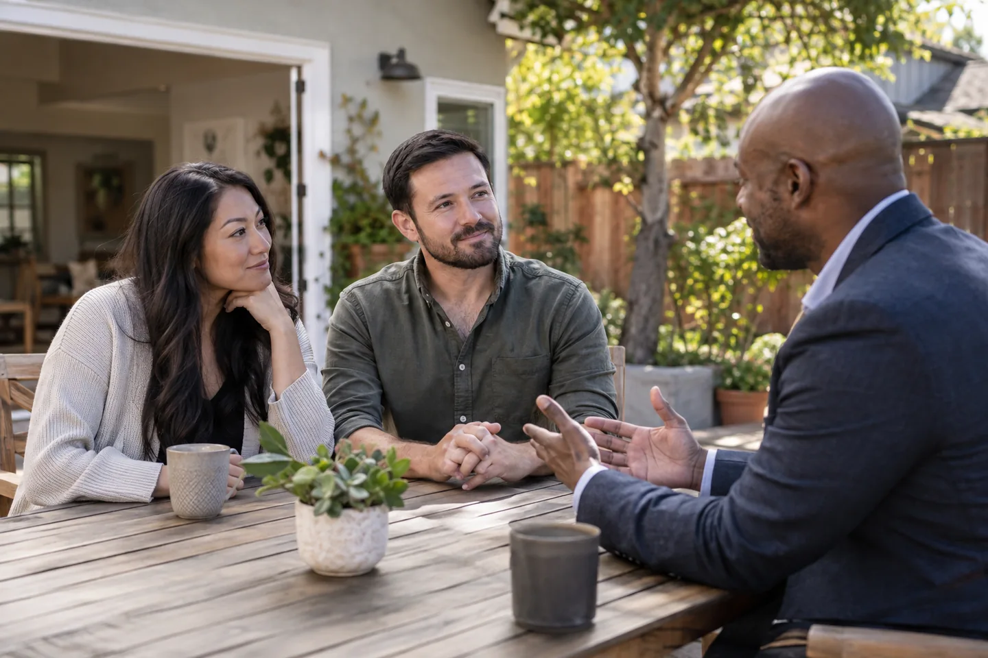 Illustrative image of homebuyers discussing a purchase with an advisor on a patio