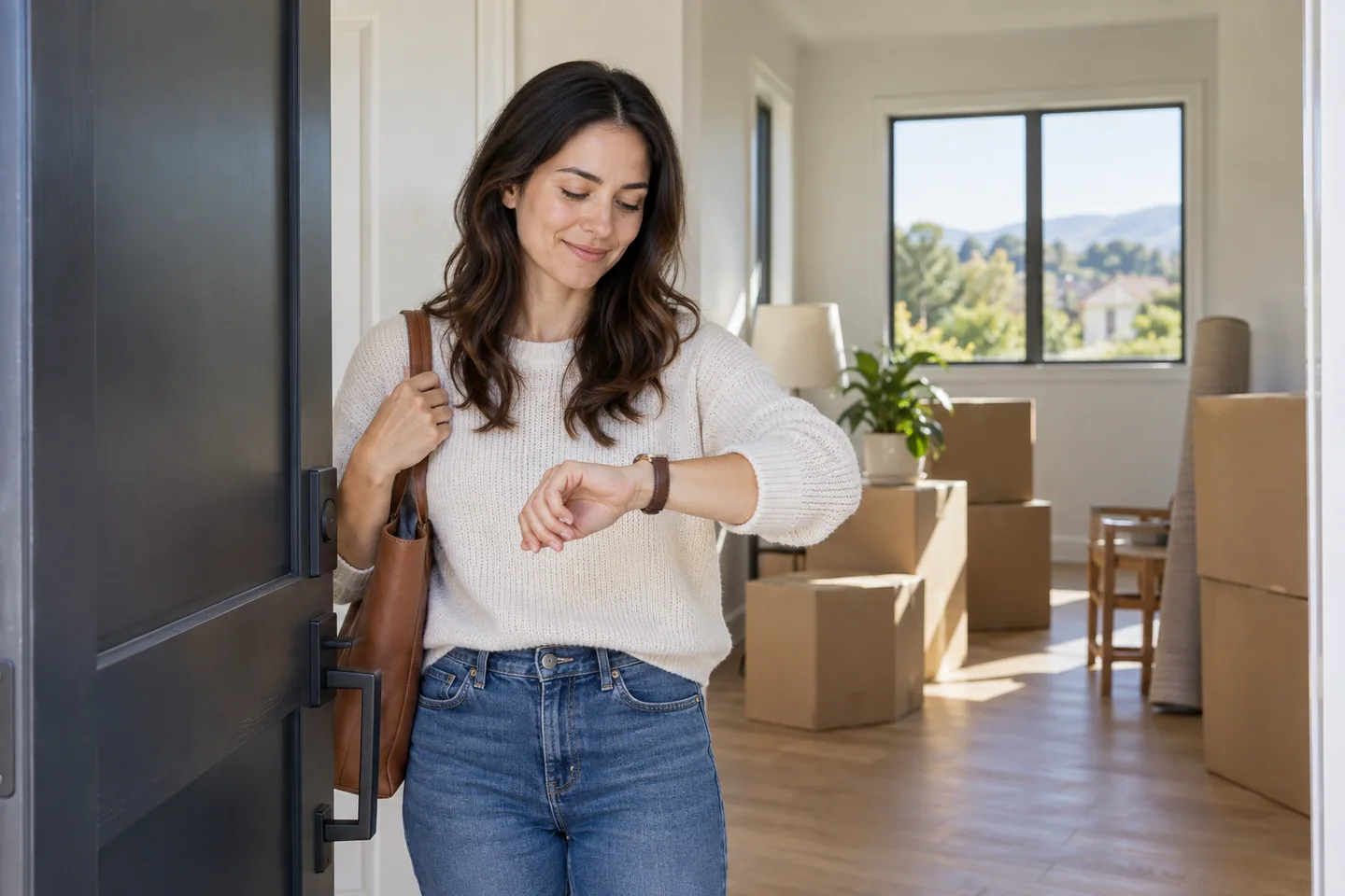 Illustrative image of homebuyer checking her watch at a new home