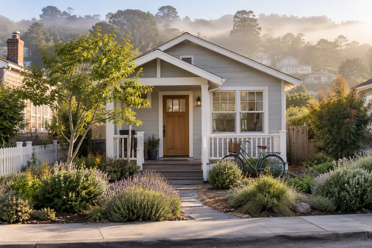 Illustrative image of small cottage with a bicycle and front garden