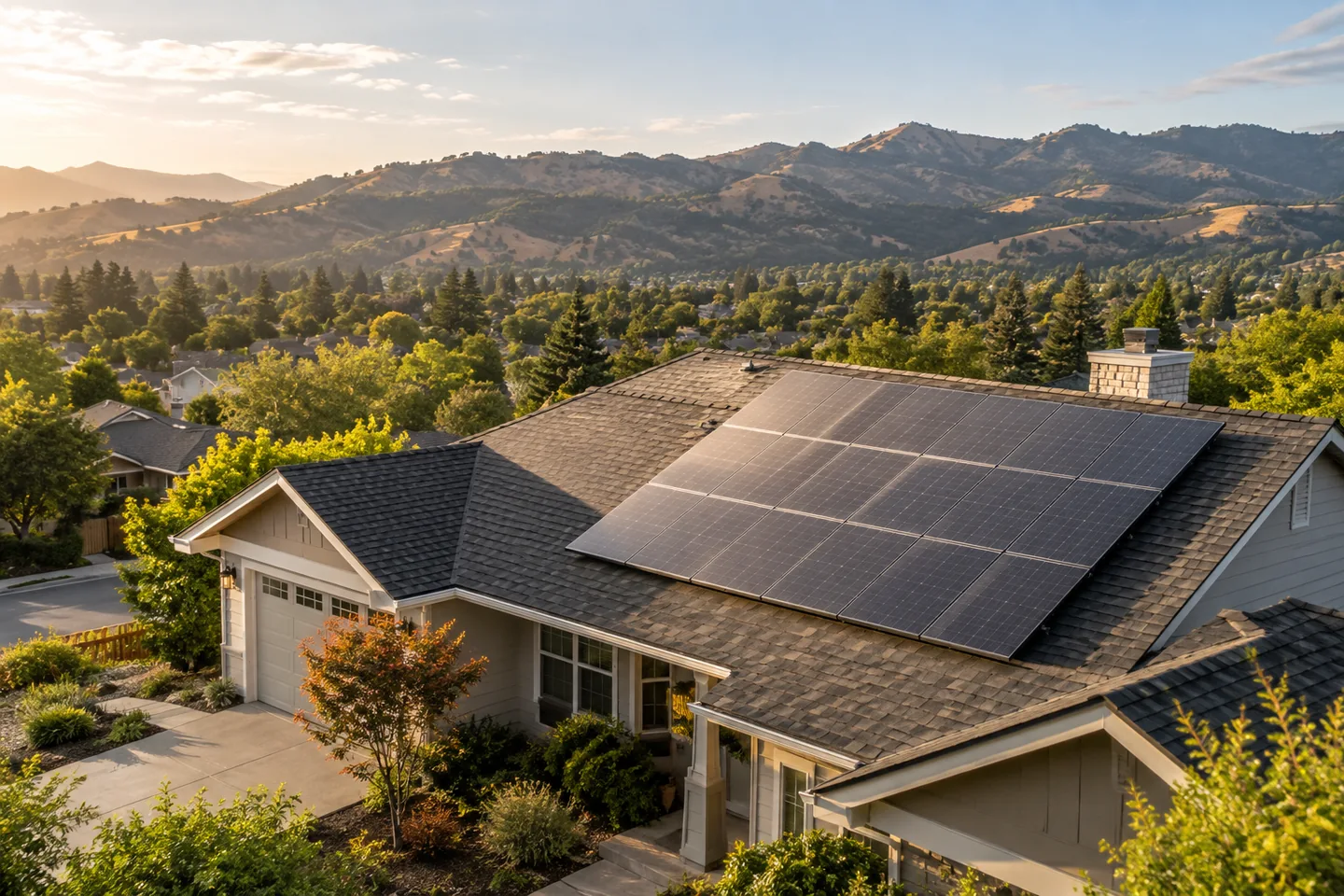 Illustrative image of rooftop solar panels on a suburban home