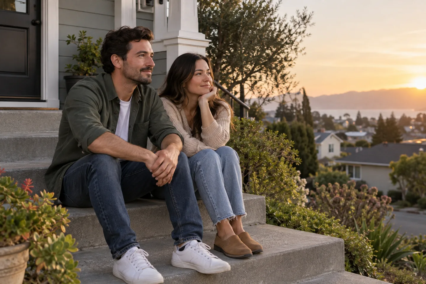 Illustrative image of couple considering their plans on a front porch