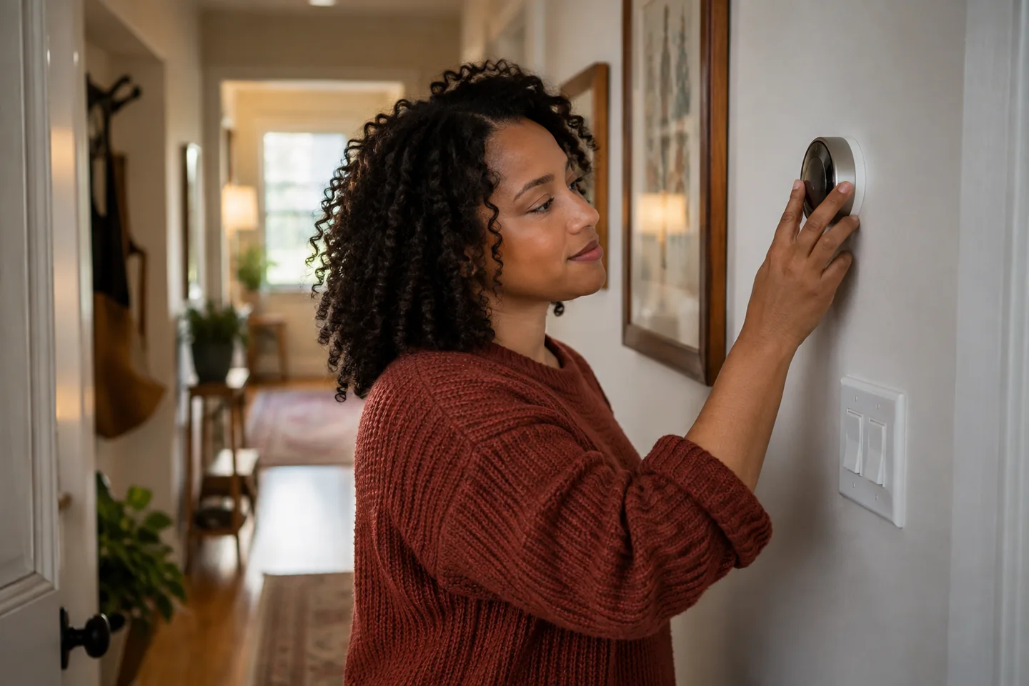 Illustrative image of homeowner adjusting a thermostat
